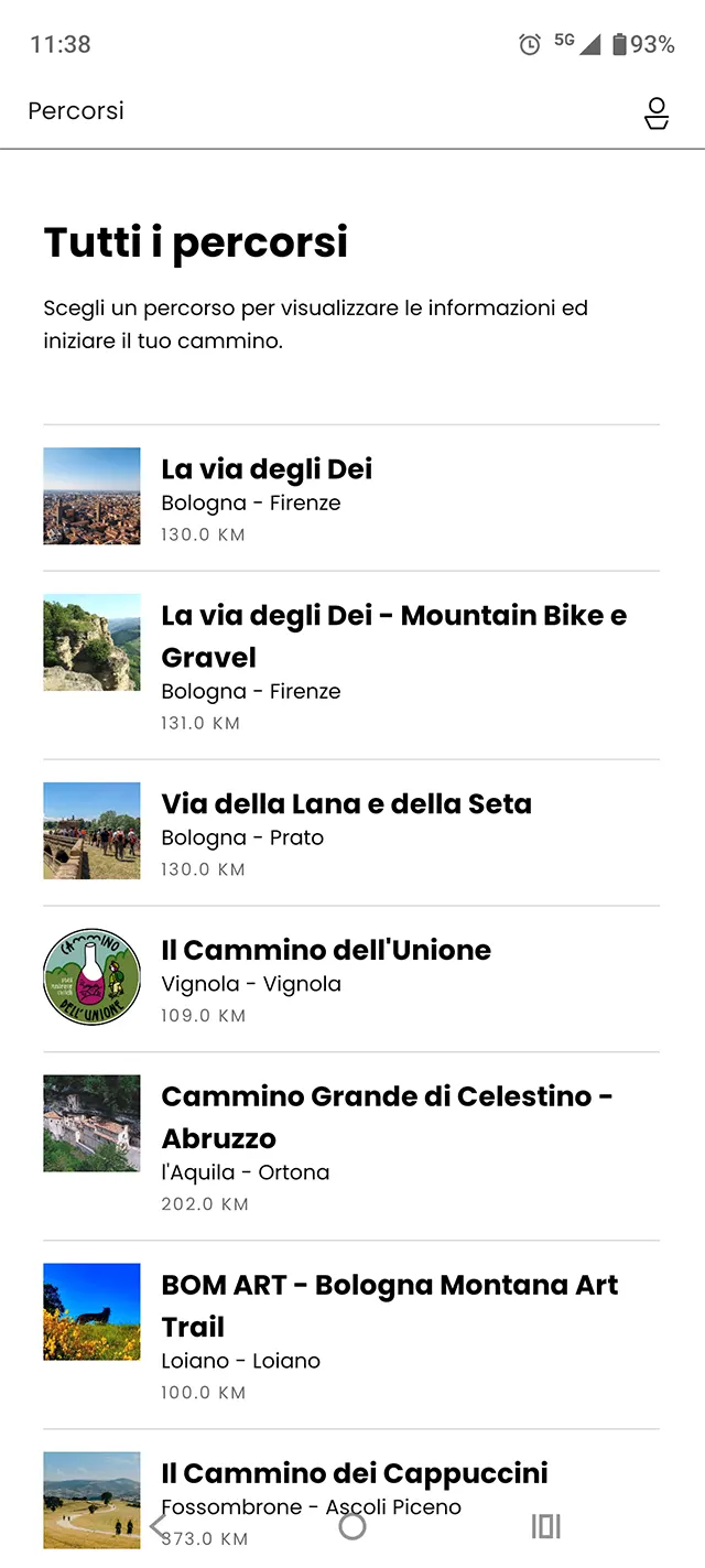 Appena dopo il login, la home presenta la i tanti cammini disponibili.