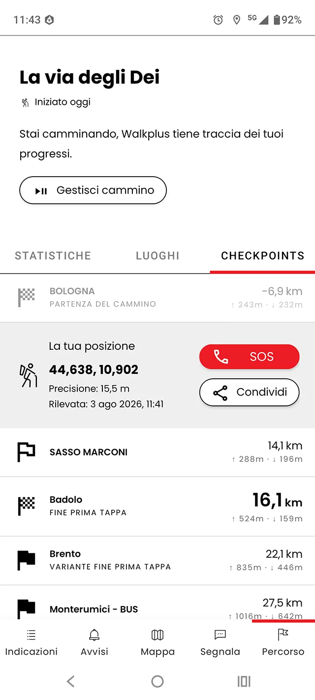 I checkpoint e le tappe, con il bottone rapido per richiedere aiuto.
